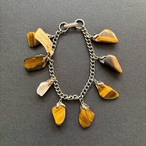 Handmade Vintage Tiger's Eye & Gypsum Silver Charm Bracelet | 7.5 IN